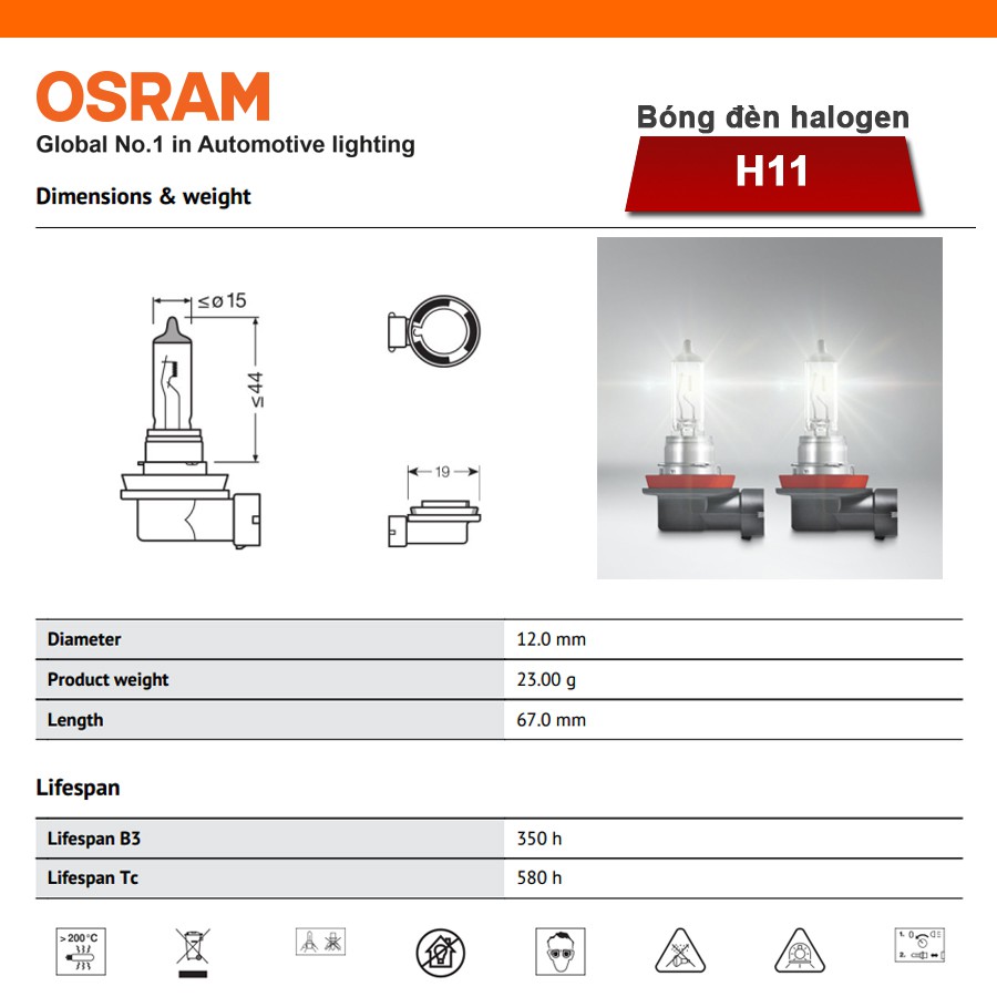 Bóng Đèn Pha/Cos Halogen OSRAM Original Dùng Cho Xe Ô Tô Xe Hơi Chân H11 12V 55W 64211-01B - 3200K 1350LM