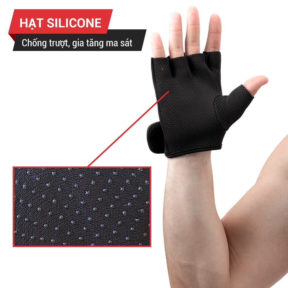 Găng tay hở ngón, bao tay tập gym GoodFit GF202G đệm silicone chống trượt, vải đục lỗ thoáng khí