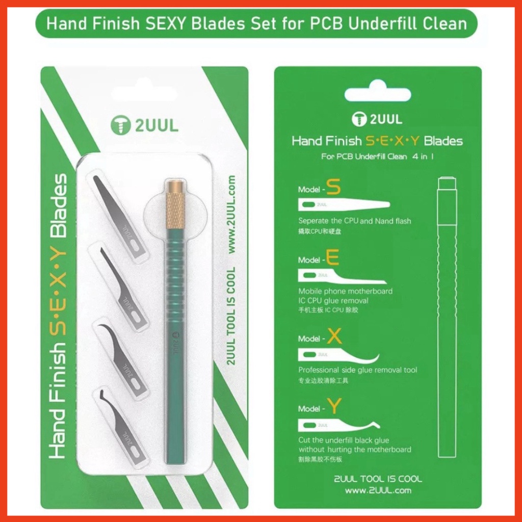 Bộ dao đục tách ic cạo vệ sinh keo 2UUL DA11, gồm cán và 4 lưỡi dao