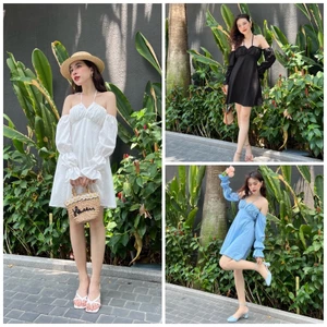 Đầm trễ vai đầm xòe đầm 2 lớp nơ lưng co giãn siêu xinh - OLIVIA DRESS