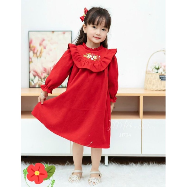 Váy Thu Đông Cao Cấp Thêu Hoa Cho Bé Gái 1-10 Tuổi Nhung Tăm Váy Bé Gái Dài Tay Màu Hồng, Màu đỏ Baby Doll Dáng A