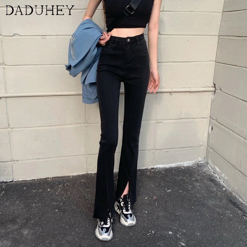 Ảnh Daduhey Quần jean dài ống loe lưng cao màu đen phong cách Hàn Quốc thời trang mùa hè dành cho nữ 2021 3