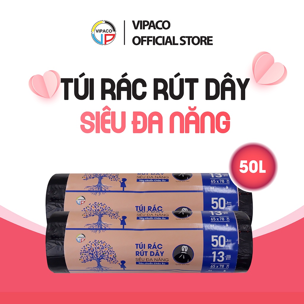 túi đựng rác rút dây tự hủy sinh học Vipaco, 5 cuộn túi rác rút dây ...