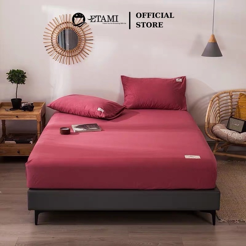 Bộ ga gối cotton tici ETAMI ga trải giường và 2 vỏ gối màu đỏ đô miễn phí bo chun cho drap giường ga trải giường T08