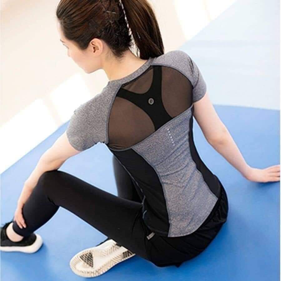 Bộ thể thao tập gym , yoga ,cộc tay AO15 màu xám, màu đen kín bụng phối lưới lưng