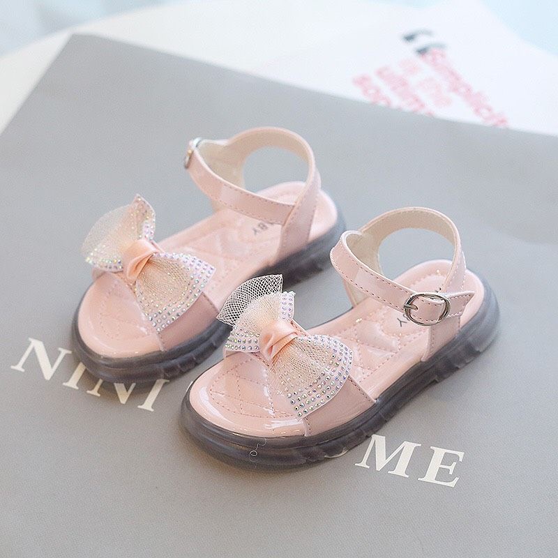 sandal da bóng - dép quai hậu bé gái nơ lưới đã mềm êm chân có quái dán siêu điệu mẫu mới 1985 857(ảnh thật)