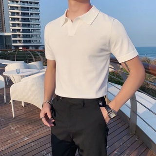 Hàn Quốc Nam Hàn Quốc Nhẹ Sang Trọng Cổ Chữ V Dệt Kim Ngắn Tay Áo Thể Thao Màu Trơn Thời Trang Ve Áo Cổ Lụa Nửa @