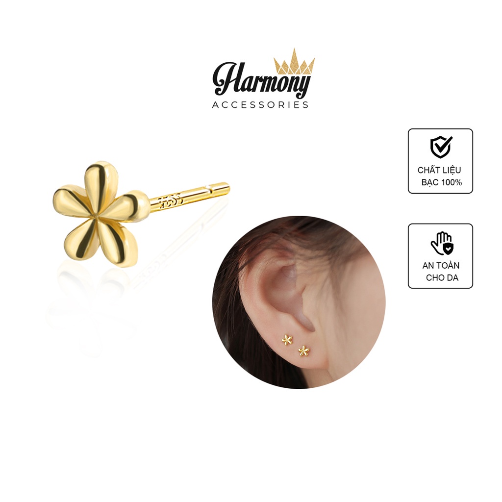 Bông tai, Khuyên tai nữ bạc cao cấp mạ vàng hoa 5 cánh nhỏ xinh xắn, dễ thương, cực sang K151| TRANG SỨC BẠC HARMONY