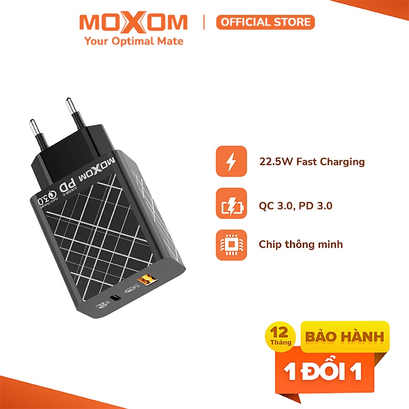Củ sạc nhanh MOXOM HC27 QC 3.0 PD 3.0 22.5W 2 cổng sạc nhanh cho iPhone, iPad, Samsung, Xiaomi, Huawei, Oppo