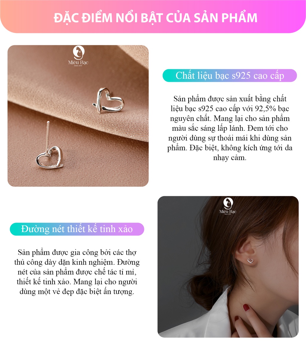 Mô tả Bông tai bạc nữ trái tim đan chéo Miêu Bạc khuyên tai dễ thương 1 chiếc chất liệu bạc 925 phụ kiện trang sức nữ B400082x - 3
