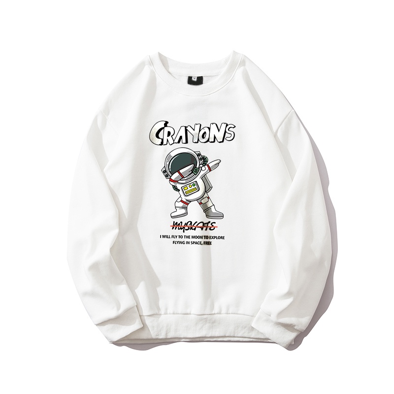 Áo sweater nam form rộng HappyFamily Crayons phi hành gia vải nỉ da cá 100 cotton 3 màu Xám Đen Trắng