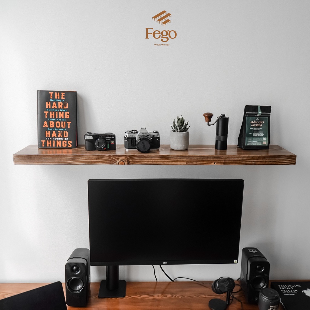 Ảnh Kệ âm gắn tường gỗ thông tự nhiên FEGO đa năng decor phòng làm việc, phòng ngủ size 80-100-120cm 2