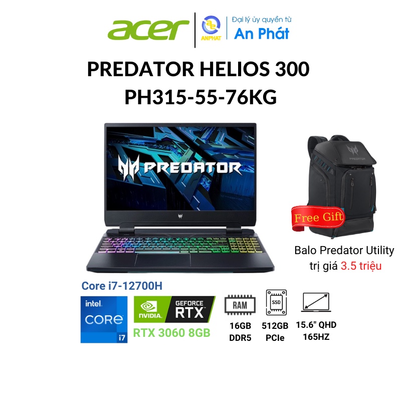 [Mã ELCL12 giảm 12% đơn 10TR] Laptop Acer Predator Helios 300 PH315-55-76KG (™ i7-12700H + RTX 3060 6G)