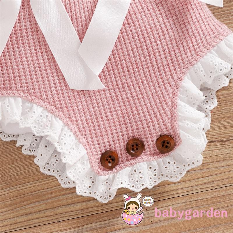 Set áo liền quần dệt kim sát nách phối bèo đính nơ màu sắc tương phản kèm mũ xinh xắn cho bé gái 0-18 tháng tuổi