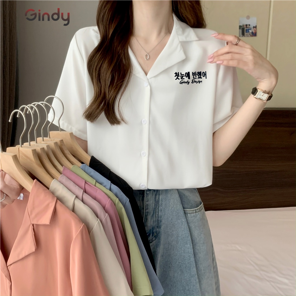 Áo sơ mi nữ tay ngắn Hàn Quốc GINDY cổ vest thêu chữ thời trang công sở, học sinh, sinh viên A029