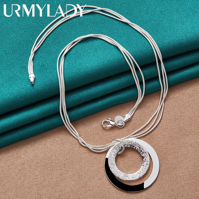 URMYLADY Bạc 925 Đôi Vòng Tròn Mặt Dây Chuyền 18 Inch Rắn Dây Chuyền Vòng Cổ Cho Nữ Cưới Thời Trang Dự Tiệc Trang Sức