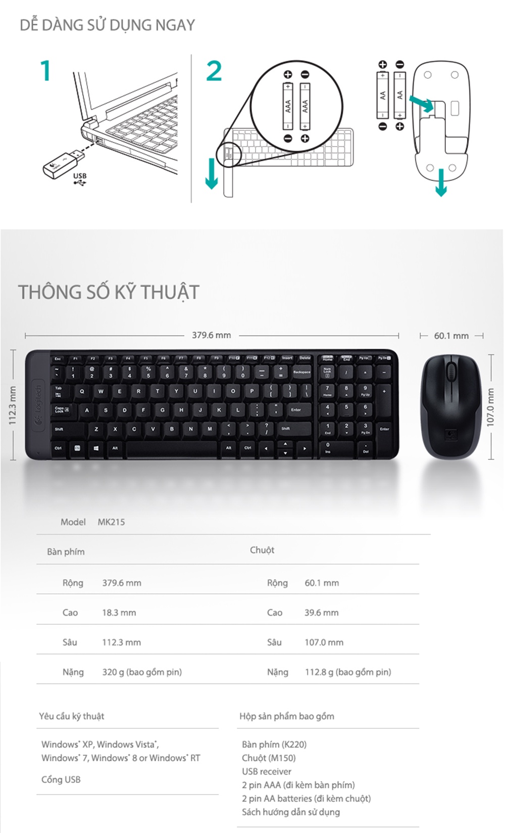 Mô tả Combo chuột phím không dây Logitech MK215 - nhỏ gọn, có phím số, 1 đầu thu USB - 3