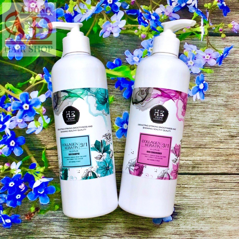 [Thanh lý][Hetepi] Bộ dầu gội xả HE TEPI Collagen Keratin siêu mượt phục hồi tóc 3 in 1 500ml