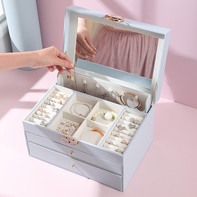 Hộp đựng trang sức CASEGRACE da PU sức chứa lớn tích hợp gương sang trọng nhỏ gọn có tay cầm
