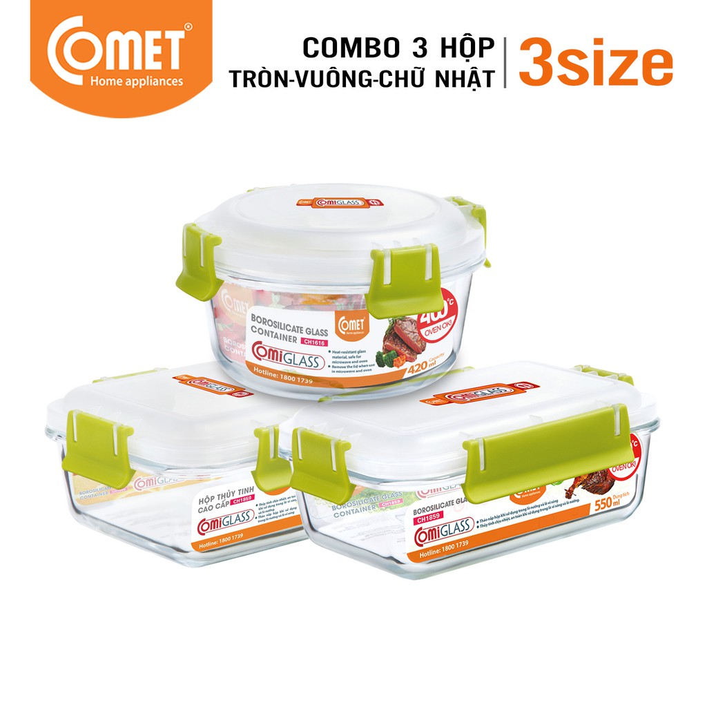 [LIFEMC11M2ADP -12% đơn 250K] Combo 3 hộp thực phẩm thuỷ tinh Comet - CH18-565859