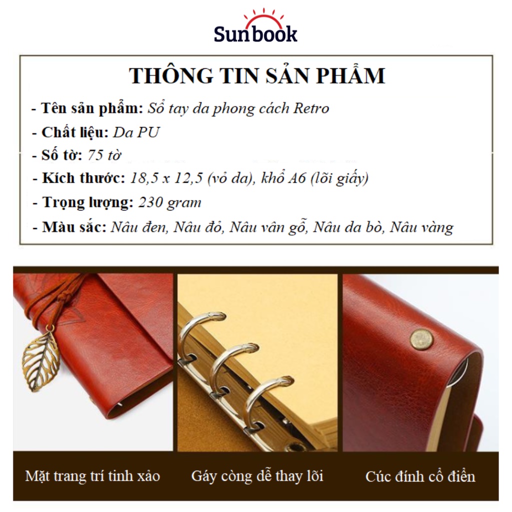 Ảnh Sổ tay ghi chép bìa da Sunbook khổ A6 gáy còng hình lá in chìm - lõi giấy kraft nâu 150 trang - mã SB-SGC 1