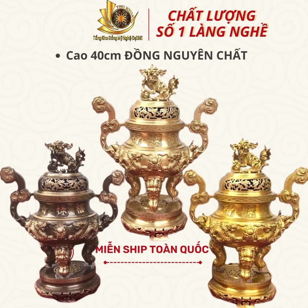 [ HÀNG CHUẨN] Đỉnh Đồng Lư Đồng Đốt Trầm Hương Cao 40cm Song Long Đồng Vàng Catut Nguyên Chất Đồ Đồng Đại Bái