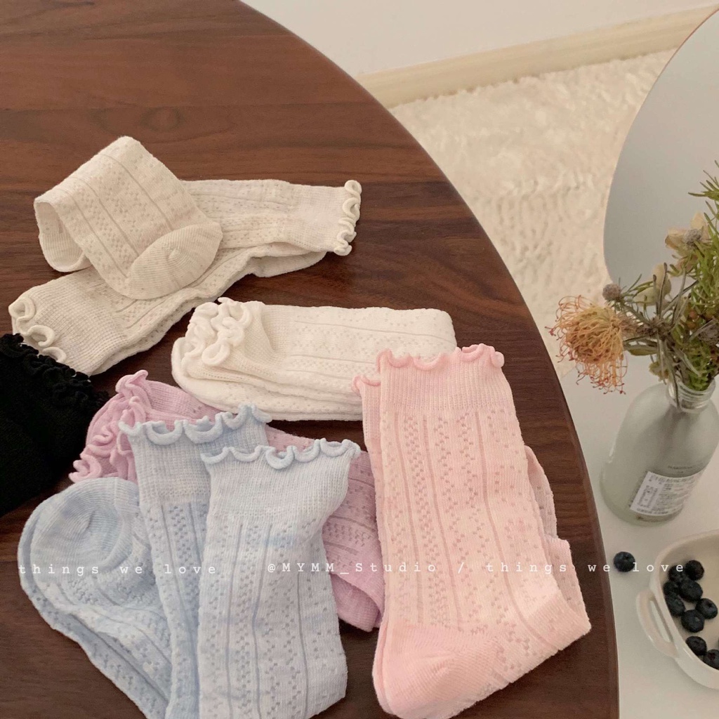 Vớ Rỗng Cổ Vừa Màu Hồng Nhạt Họa Tiết Trái Tim Rỗng Viền Nấm Nhật Bản ...