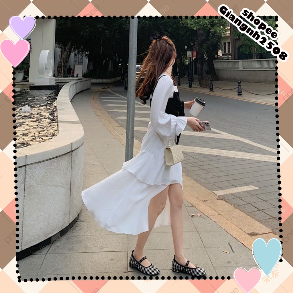 V014 Váy trắng yếm đen nơ ngực vintage công chúa, đầm xòe cổ vuông 2 tầng xẻ chân tay bồng dáng dài retro tiểu thư xinh