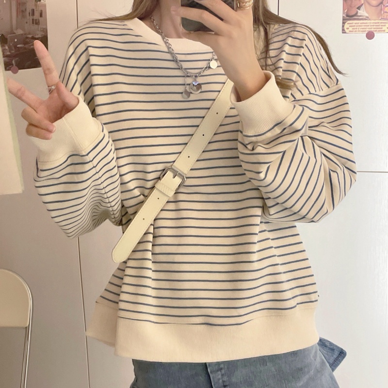 SUXI Áo Sweater Tay Dài Cổ Tròn Vải Mỏng Kẻ Sọc Phong Cách Thể Thao Cổ Điển Kiểu Hàn Thời Trang Mùa Thu Cho Bạn Nữ