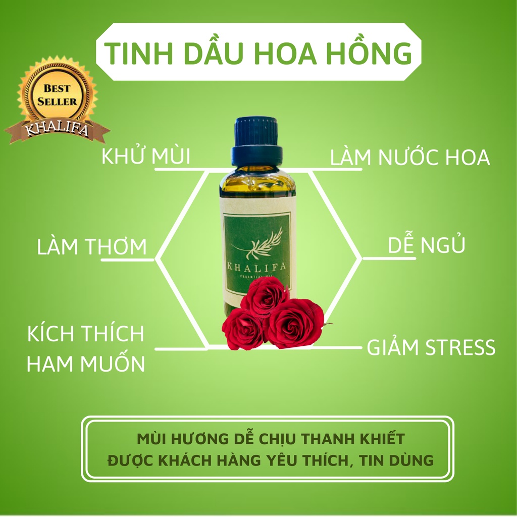 Tinh Dầu Hoa Hồng Nguyên Chất Khalifa 50ml Tốt Cho Da Giảm Stress Khử Mùi Chống Say Xe Hàng Chính Hãng
