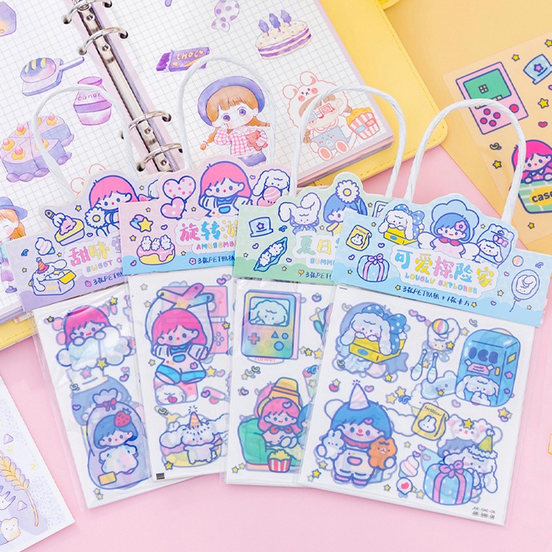 Túi 3 Miếng Dán Trang Trí Túi Xách Màu Đồng Đục In Họa Tiết Hoạt Hình Đa Dạng, Túi Sticker
