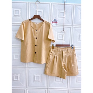 Set bộ Linen Áo cổ tròn nút gài  và short Hàng Thiết kế cao cấp nhà June