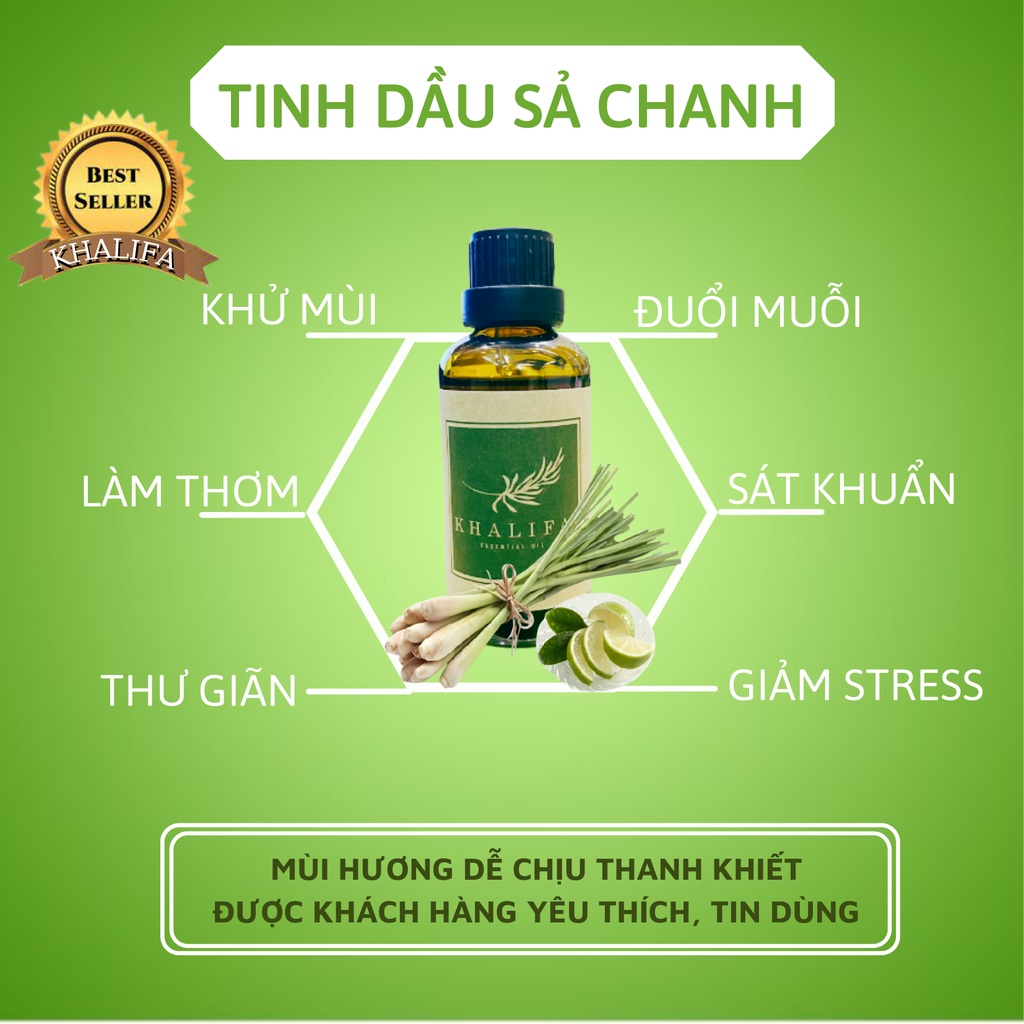 Tinh Dầu Sả Chanh Nguyên Chất Khalifa 50ml Tốt Cho Da Giảm Stress Khử Mùi Chống Say Xe Hàng Chính Hãng