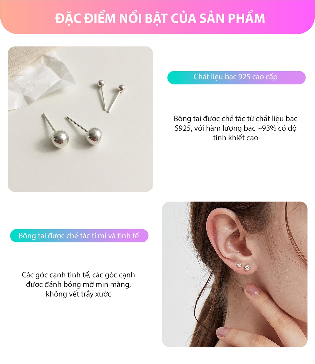 Mô tả Bông tai bạc nữ bi tròn unisex Miêu Bạc khuyên tai nam nữ bi chất liệu bạc S925 thời trang phụ kiện trang sức B000061 - 3