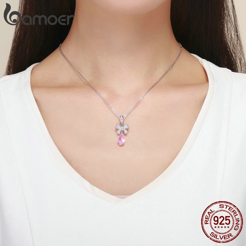 Mặt dây chuyền BAMOER hình nơ và giọt nước đính đá màu hồng bằng bạc 925 nguyên chất Sc1074