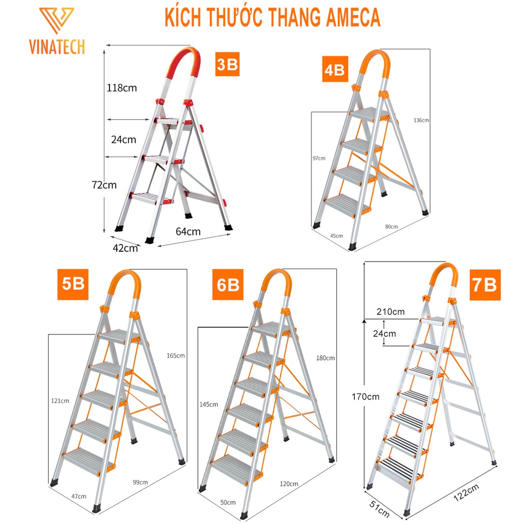 Thang Gấp Inox Chữ A 3-7 Bậc Ameca Nhật Bản, Thang Nhôm Ghế Tay Vịn Xếp Gọn Thông Minh MKS027