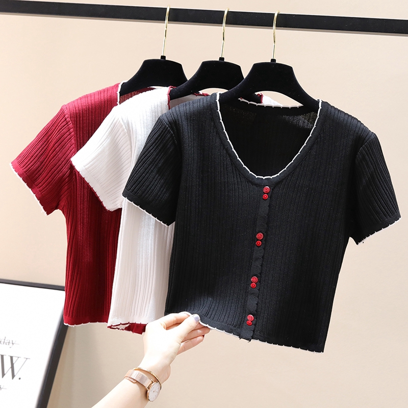 SUXI Áo Crop top thời trang cổ chữ V Áo sơ mi nữ dệt kim