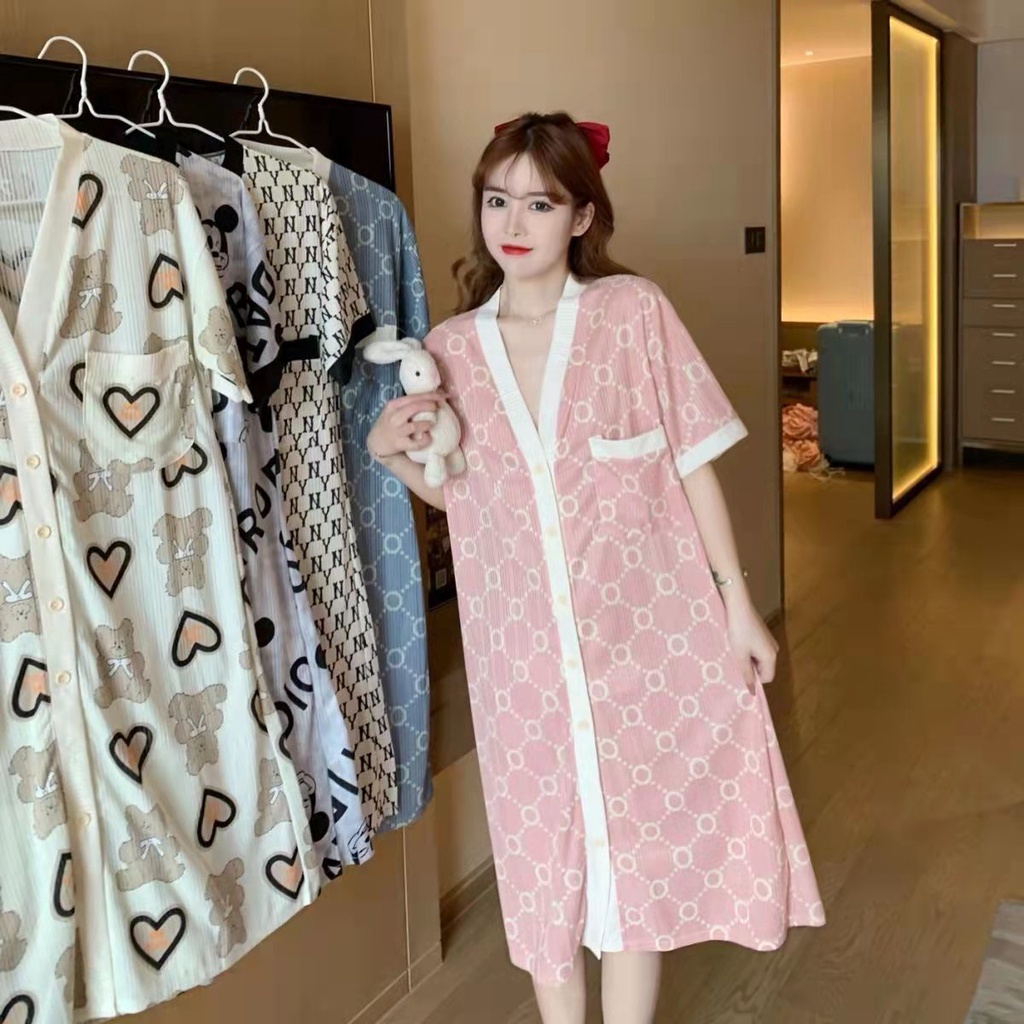 Đầm Ngủ Dài Qua Gối Tay Ngắn Cổ Chữ V Dáng Rộng In Họa Tiết Hoạt Hình Phong Cách Nhật Hàn Thời Trang Mùa Hè Cho Nữ