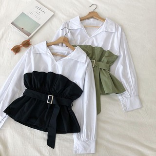 Phong cách hàn quốc nữ nữ dài tay eo áo sơ mi áo baju wanita lengan panjang + thắt lưng