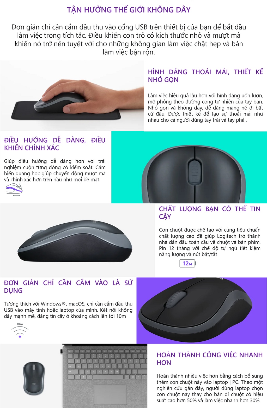 Mô tả Chuột không dây Logitech B175 - USB 2.4Ghz, pin 1 năm, nhỏ gọn, thuận cả 2 tay, phù hợp PC/Laptop - 1