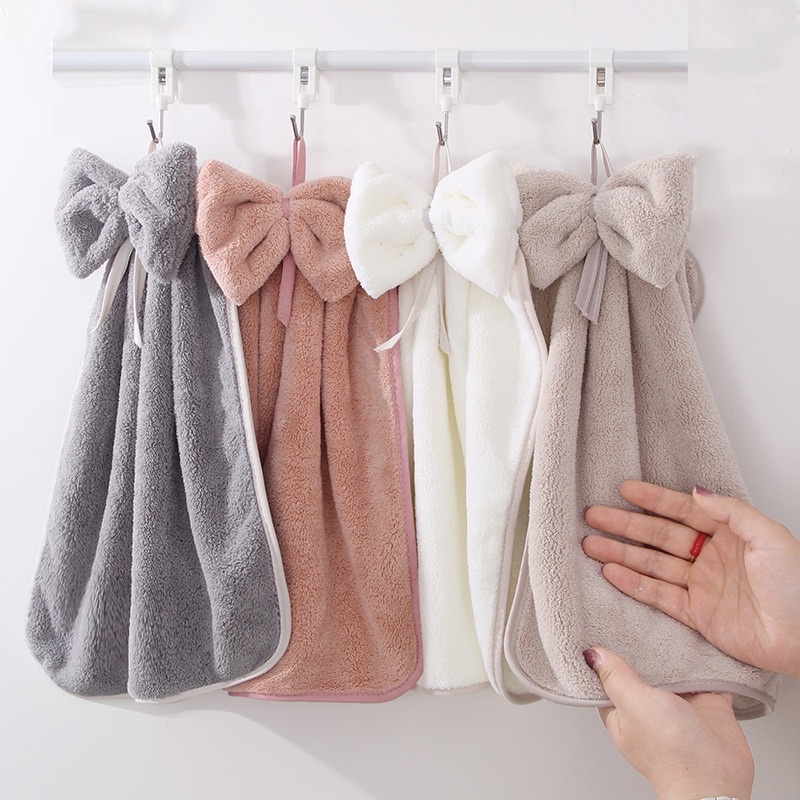 Khăn lau tay hình nơ dễ thương treo tường nhà bếp nhà tắm bằng vải nhung mềm mại thấm hút tốt (   hot)