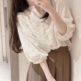 Hàng Mới Về Áo Sơ Mi Tay Dài Thêu Hoa Dáng Rộng Phong Cách Hàn Quốc Cho Nữ Hàng Có Sẵn