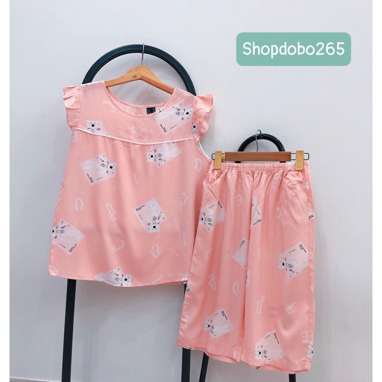 Đồ bộ lanh lửng mặc nhà tay cánh tiên phối viền chất mềm,mịn,mát hoạ tiết dễ thương size 45-65kg.