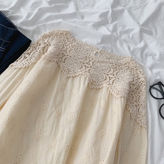 Phong Cách Hàn Quốc Nữ Nữ Rời Cotton Ren Móc Áo Sơ Mi Dài Tay
