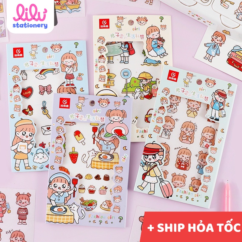 Sticker cute set 4 tấm DJ08 15x10 cm hình Cô Gái Siêu Dễ Thương trang ...