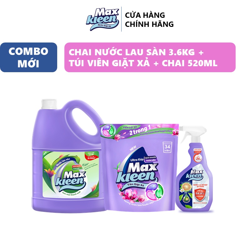 Ảnh Combo MaxKleen: Chai Lau Sàn 3.6kg Ban Mai Thanh Mát + Túi Viên Giặt Xả + Nước Lau Bề Mặt Đa Năng 2