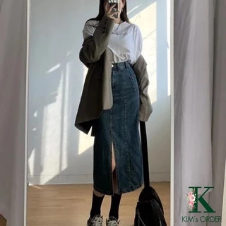 Chân váy bò Denim nữ màu xanh đậm và đen chất Jeans dáng dài xẻ tà cạp lưng cao hàng Quảng Châu phong cách Ulzzang Hàn