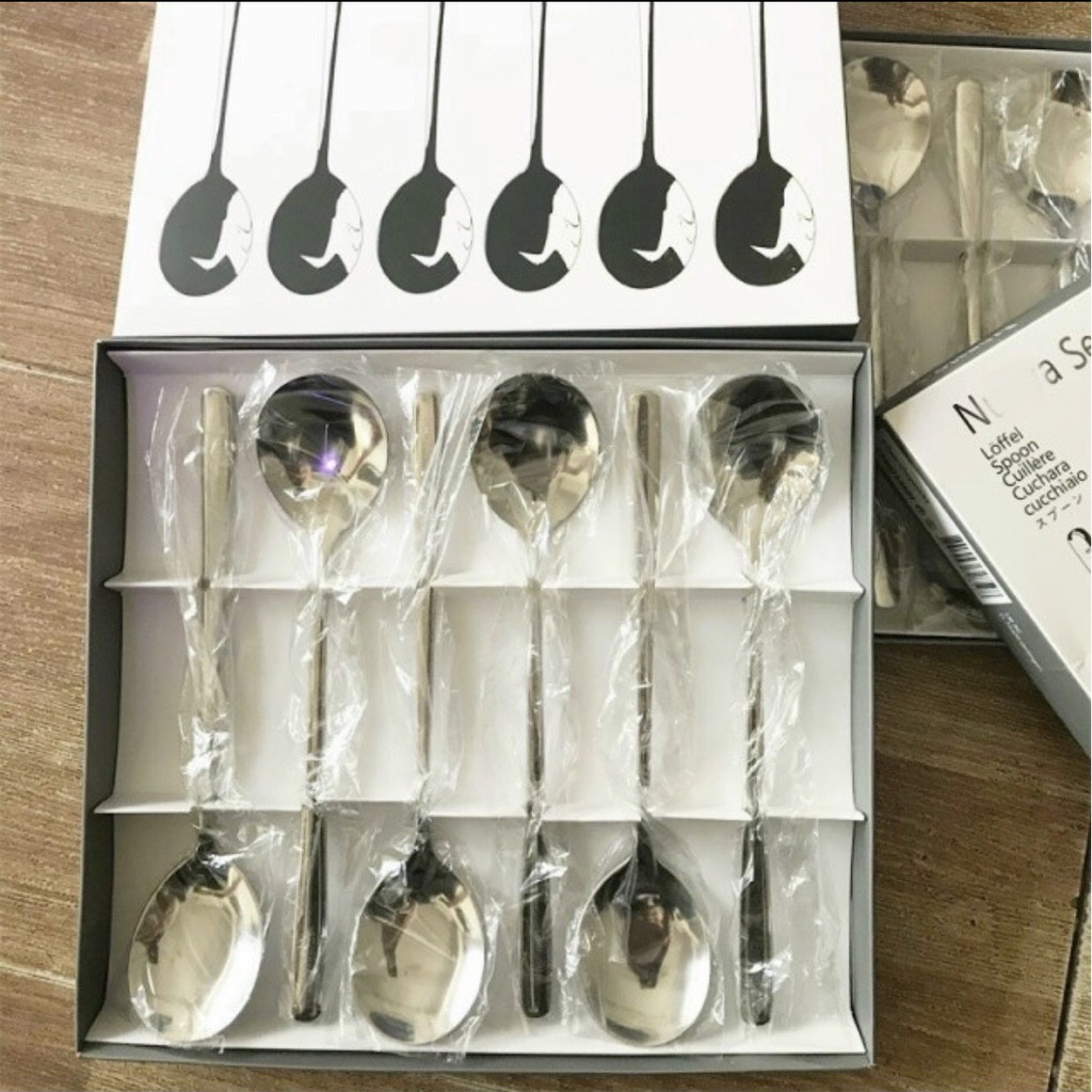 ComBo 6 Thìa Inox Cao Cấp Cán Dài Sáng Bóng sang chảnh kèm hộp (   hot)
