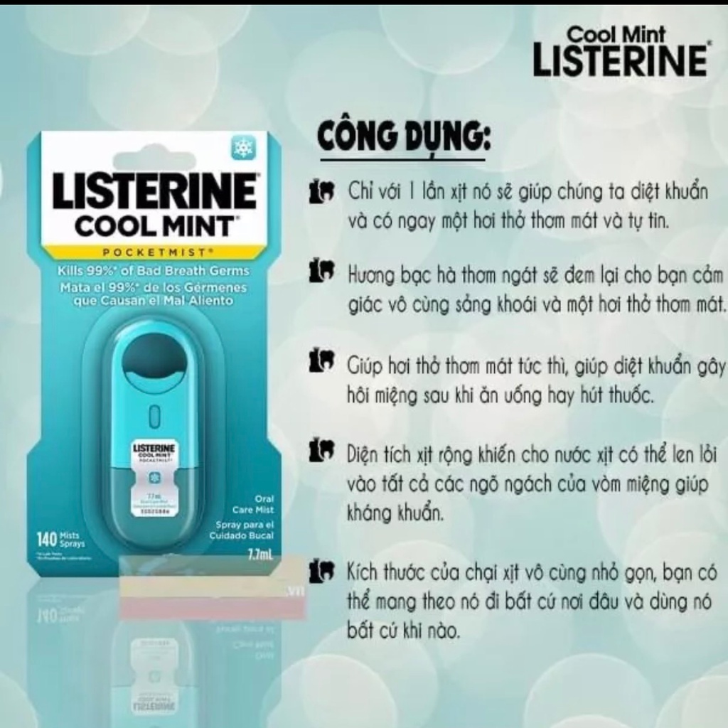 Xịt và ngậm thơm miệng  Listerin Cool Mint (7.7ml) Hàng Mỹ - Khử mùi, diệt khuẩn, hơi thở thơm mát