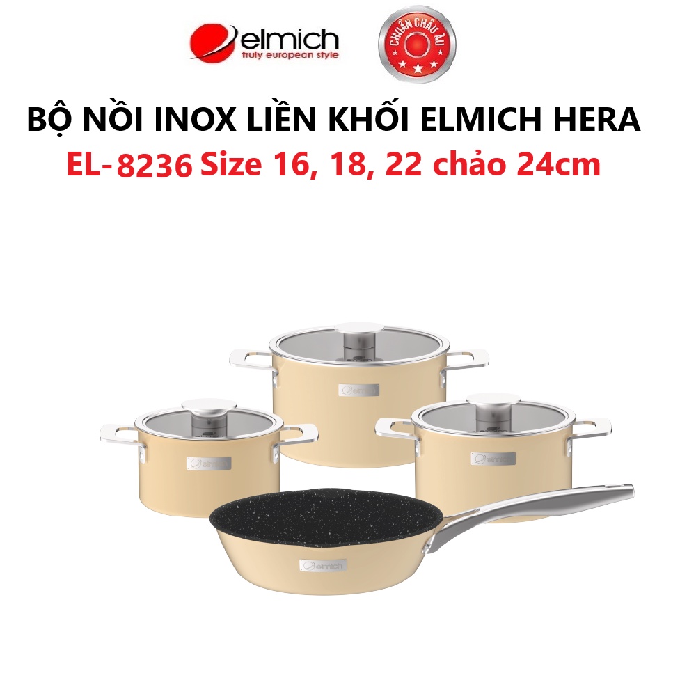 [LIFEMCMBP4 -12% đơn 250K] Bộ nồi Inox liền khối Elmich Hera Size 16, 18, 22, chảo 24cm